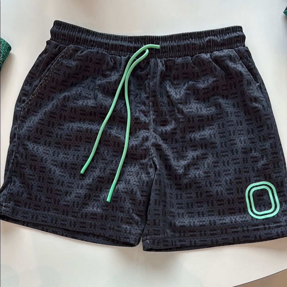 Boys OVERTIME Black Patterned Shorts with Green Accents